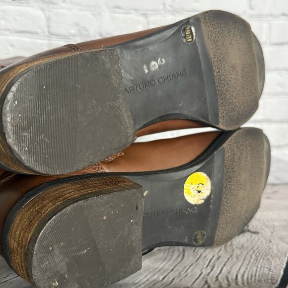 ARTURO CHIANG Brown Leather Tall Heeled Boots Riding Size 9 Stacked Heel - Picture 9 of 11